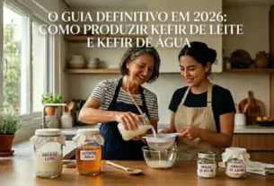 Instrutor e aluna em cozinha moderna preparando kefir de leite e kefir água com seus potes de vidro e utensílios sobre balcão iluminado.