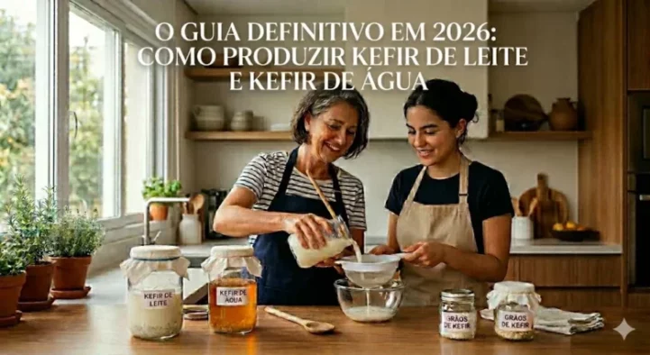 Instrutor e aluna em cozinha moderna preparando kefir de leite e kefir água com seus potes de vidro e utensílios sobre balcão iluminado.