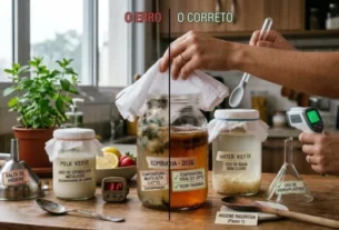 Imagem dividida entre o erro e o correto no cultivo de kombucha e kefir, mostrando potes contaminados com mofo e recipientes limpos e saudáveis.