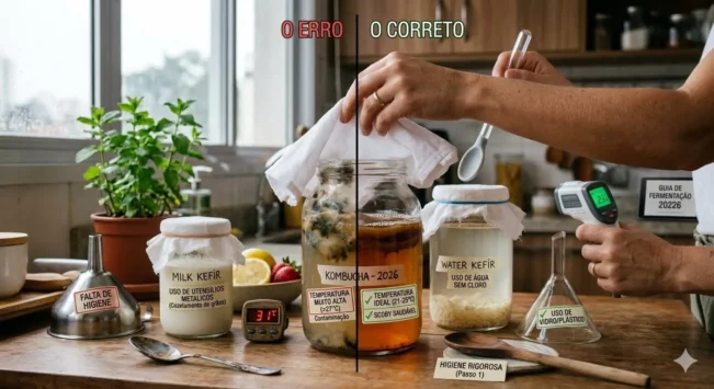 Imagem dividida entre o erro e o correto no cultivo de kombucha e kefir, mostrando potes contaminados com mofo e recipientes limpos e saudáveis.