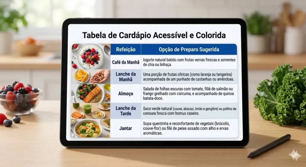 Dieta anti-inflamatória em 2026: O que comer, o que evitar e sugestão de cardápio Tabela de cardápio saudável em um tablet sobre a mesa da cozinha, exibindo opções de refeições ilustradas com fotos de pratos coloridos