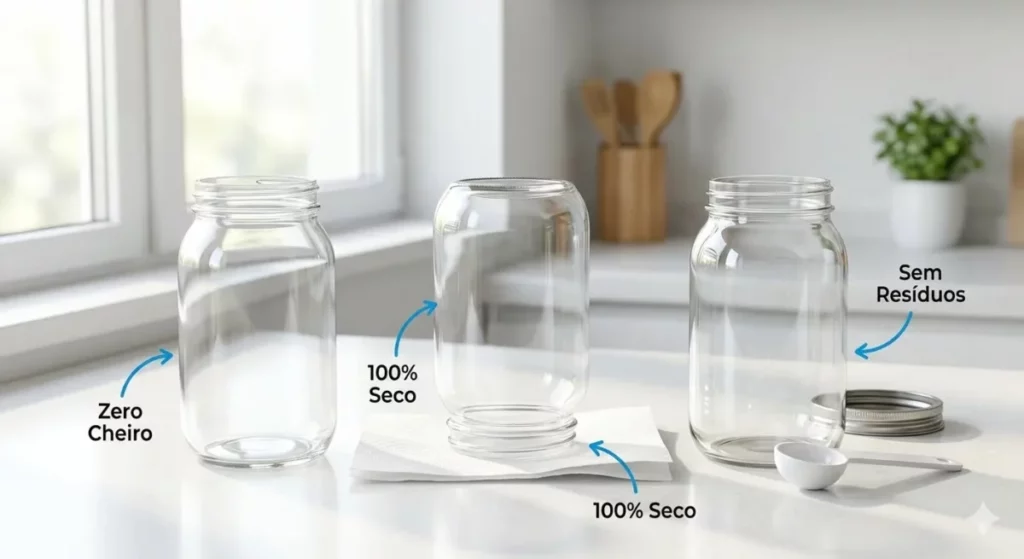  Higienização de utensílios para uma Fermentação caseira segura exibida em um infográfico com potes de vidro limpos, secos e sem resíduos sobre a bancada