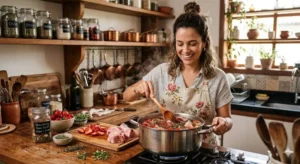 Caldo de ossos e geleia de morango: o resgate da culinária caseira e equilibrada em 2026 Mulher sorridente de avental mexe uma panela com caldo de ossos e morangos em uma cozinha rústica de madeira com prateleiras e potes.
