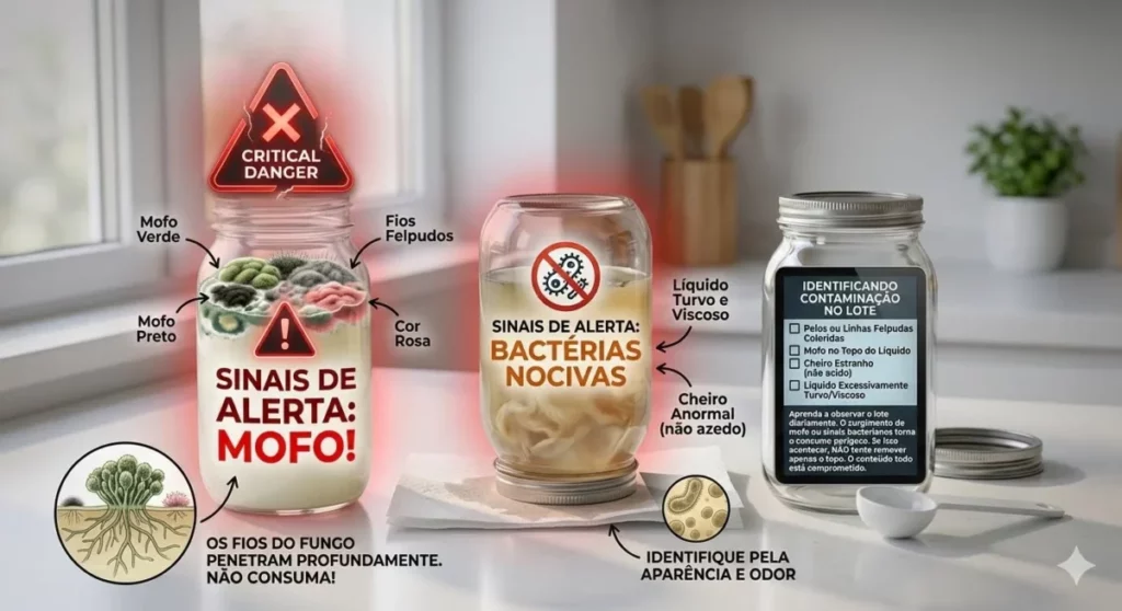 Infográfico sobre contaminação de kefir mostrando potes com mofo colorido e fios felpudos, líquido turvo por bactérias nocivas e avisos de perigo.