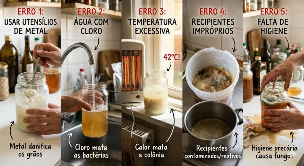 Imagem em cinco colunas reais ilustrando erros no cultivo de probióticos, como uso de metal, cloro, calor, potes ruins e falta de higiene.