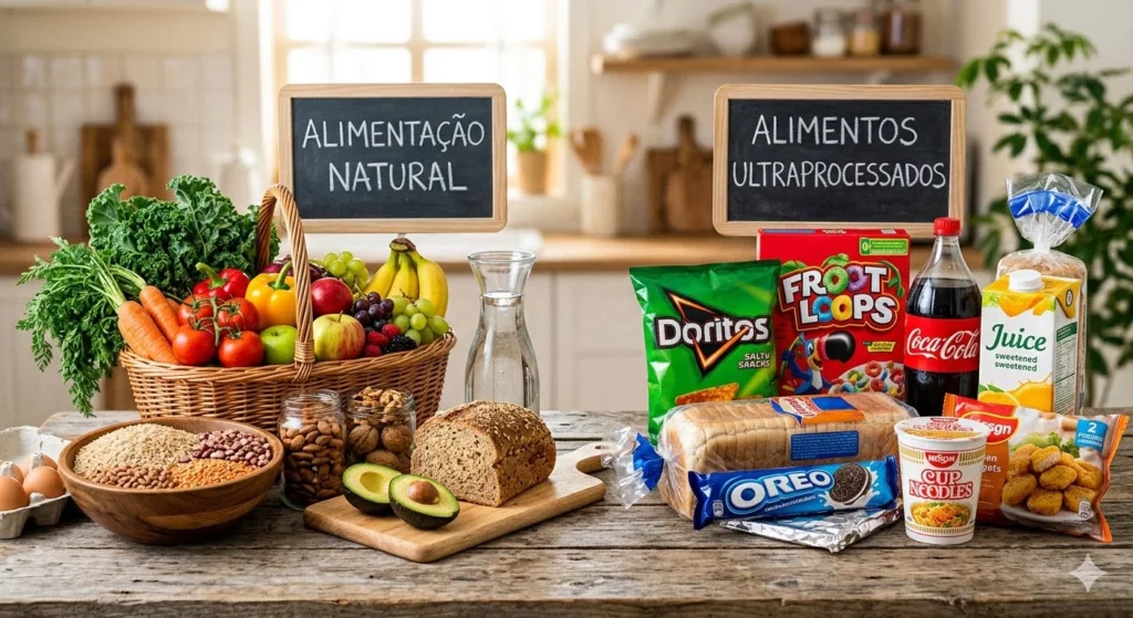 Comparação em uma mesa de madeira: à esquerda, uma cesta de alimentos naturais com frutas e vegetais; à direita, pacotes de alimentos ultraprocessados industriais.