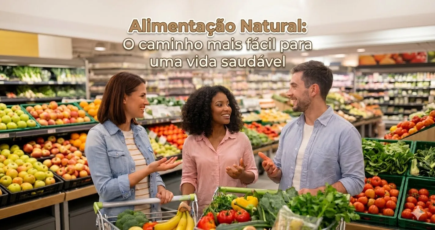 Três pessoas sorrindo no mercado com o título "Alimentação Natural: O caminho mais fácil para uma vida saudável" escrito em letras marrons sobre eles.