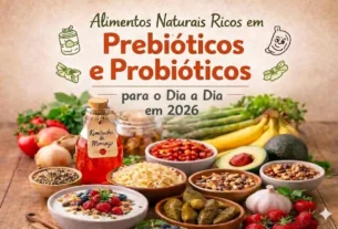Banner com texto sobre prebióticos e probióticos em 2026 sobre mesa de madeira com iogurte, kombucha de morango, chucrute, bananas, alho e vegetais.