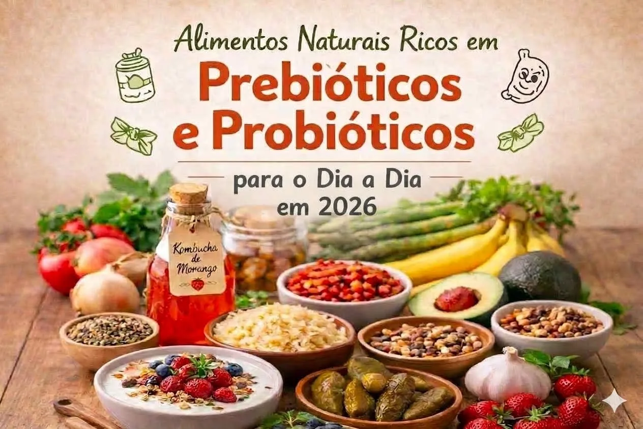 Banner com texto sobre prebióticos e probióticos em 2026 sobre mesa de madeira com iogurte, kombucha de morango, chucrute, bananas, alho e vegetais.