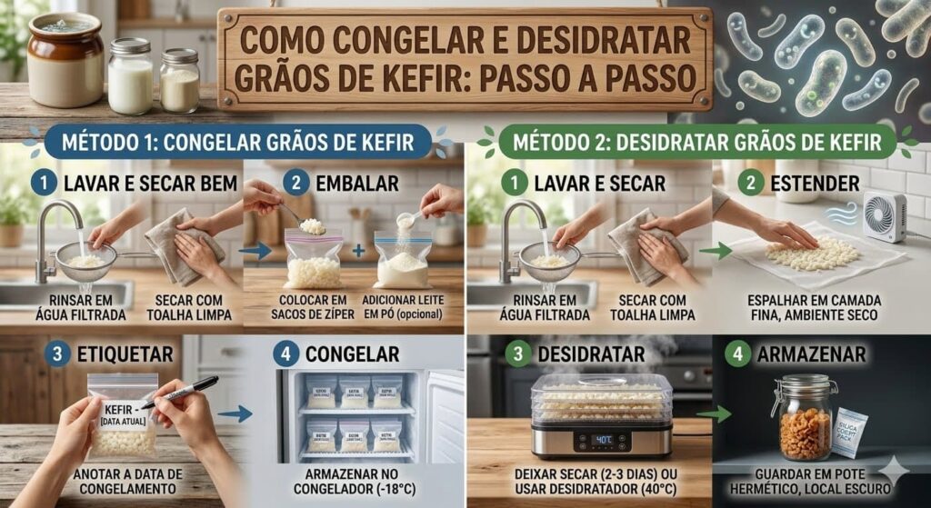 Infográfico fotográfico realista mostrando o passo a passo para conservar kefir na cozinha. O lado esquerdo ensina a congelar e o lado direito mostra como desidratar. 