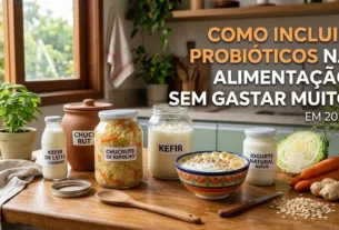 Banner horizontal com alimentos probióticos como kefir, iogurte e picles sobre mesa de madeira. No topo, o texto "Como incluir PROBIÓTICOS na alimentação"