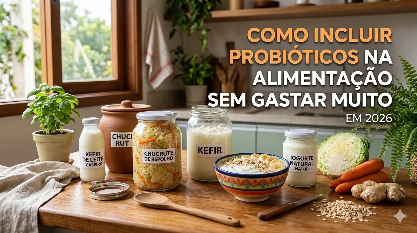 Banner horizontal com alimentos probióticos como kefir, iogurte e picles sobre mesa de madeira. No topo, o texto "Como incluir PROBIÓTICOS na alimentação"