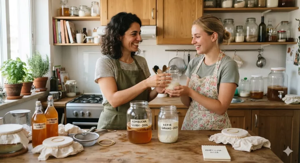 Como encontrar doadores de grãos de Kefir e Kombucha em 2026 Duas mulheres sorridentes em uma cozinha rústica trocam potes de vidro com kefir e kombucha sobre uma mesa de madeira com frascos.