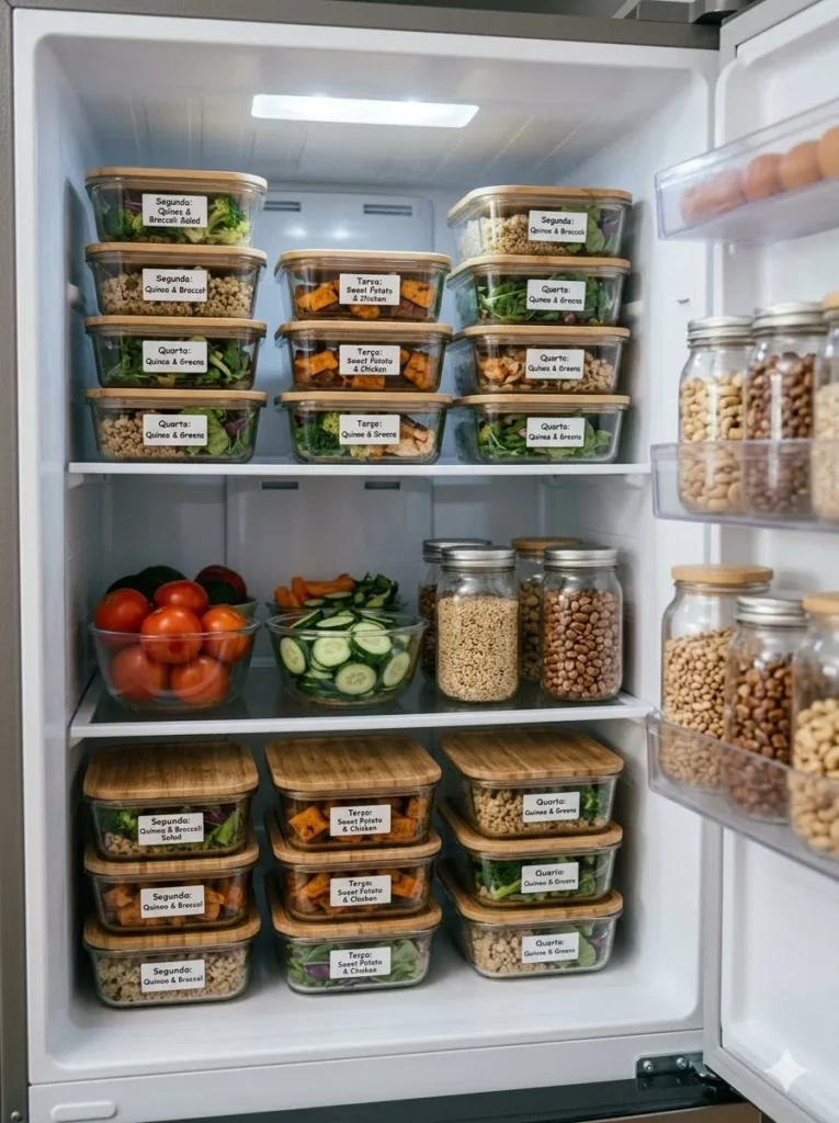 Interior de uma geladeira com potes de vidro empilhados e etiquetados com os dias da semana, demonstrando organização e planejamento alimentar saudável.