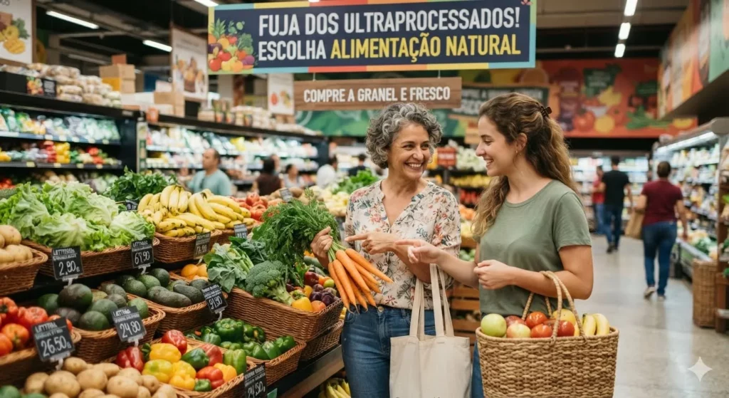 Duas mulheres sorridentes na seção de hortifrúti de um mercado escolhendo cenouras frescas e frutas. Acima, há uma placa incentivando a alimentação natural.