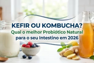 Imagem de capa para blog com a pergunta Kefir ou Kombucha e frascos de vidro contendo os dois probióticos naturais sobre uma bancada clara e iluminada de cozinha.