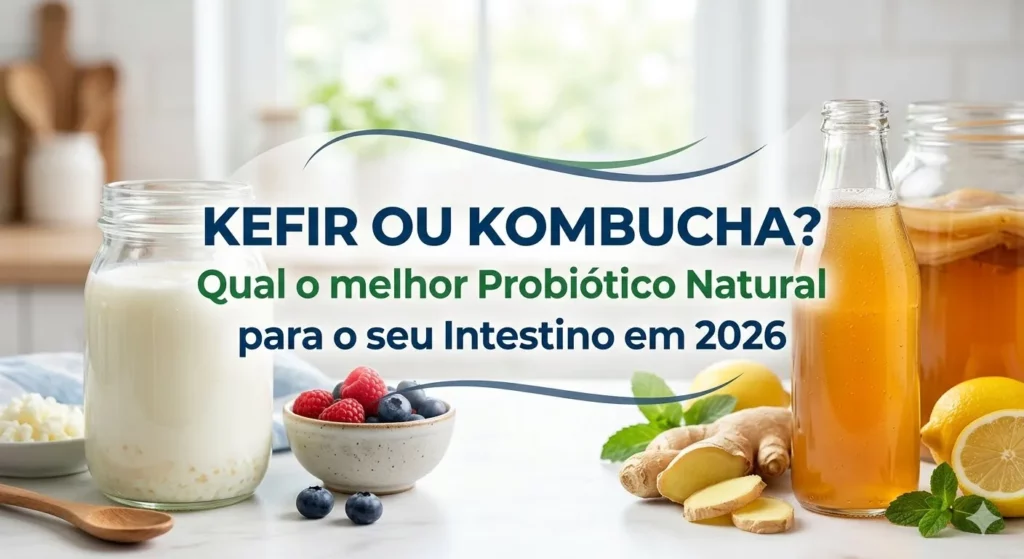Kefir ou Kombucha? : Qual o melhor Probiótico Natural para o seu Intestino em 2026 Imagem de capa para blog com a pergunta Kefir ou Kombucha e frascos de vidro contendo os dois probióticos naturais sobre uma bancada clara e iluminada de cozinha.