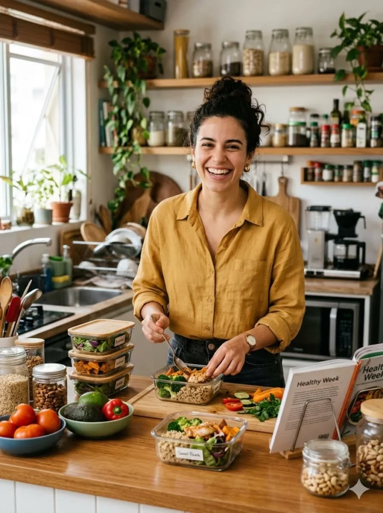 Alimentação Saudável. Mulher sorridente na cozinha preparando marmitas de vidro com vegetais e grãos, ilustrando o planejamento de refeições para uma rotina saudável e prática.