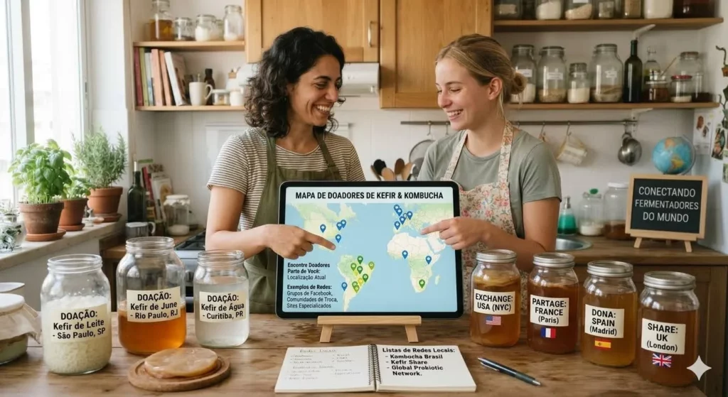 Como encontrar doadores de grãos de Kefir e Kombucha em 2026 Duas mulheres apontam para um tablet com mapa mundi em uma cozinha cheia de potes etiquetados com locais do Brasil e do exterior.