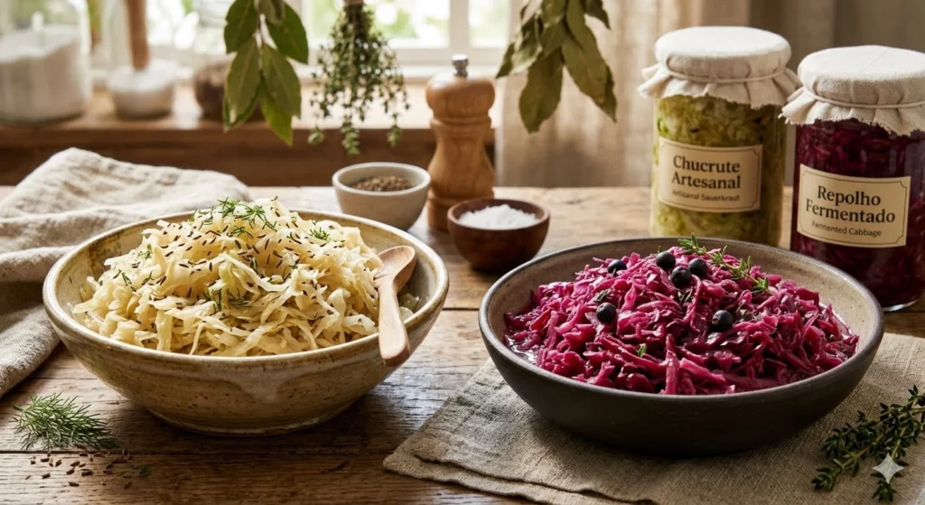 Duas tigelas com chucrute de repolho branco e roxo temperados sobre mesa de madeira, com potes de vidro artesanais ao fundo em cenário rústico.