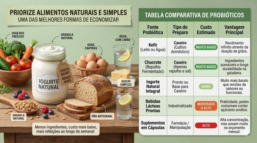  Infográfico com tabela comparativa de probióticos e alimentos simples como iogurte natural e pão sobre mesa de madeira em estilo realista.