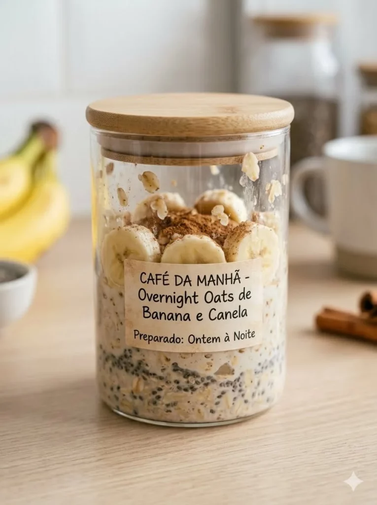 Pote de vidro com overnight oats de banana e canela com uma etiqueta escrita à mão, posicionado em cima de uma mesa de madeira clara com bananas ao fundo.