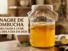 Banner com jarra de vidro contendo kombucha em fermentação e scoby flutuando. À esquerda, caixa de texto bege com o título Vinagre de Kombucha Como Fazer e Usar no seu dia a dia em 2026.