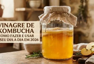 Banner com jarra de vidro contendo kombucha em fermentação e scoby flutuando. À esquerda, caixa de texto bege com o título Vinagre de Kombucha Como Fazer e Usar no seu dia a dia em 2026.