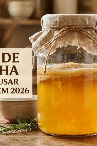 Banner com jarra de vidro contendo kombucha em fermentação e scoby flutuando. À esquerda, caixa de texto bege com o título Vinagre de Kombucha Como Fazer e Usar no seu dia a dia em 2026.