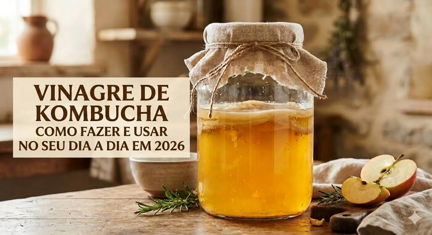 Banner com jarra de vidro contendo kombucha em fermentação e scoby flutuando. À esquerda, caixa de texto bege com o título Vinagre de Kombucha Como Fazer e Usar no seu dia a dia em 2026.