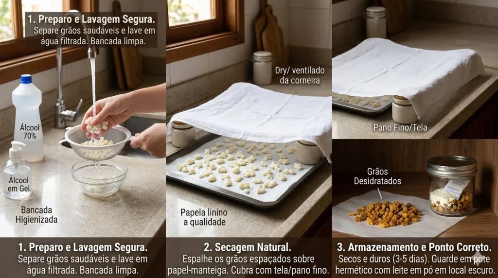 Infográfico real de três etapas mostrando lavagem do kefir com álcool 70%, secagem dos grãos sobre papel coberto por pano e armazenamento final em pote hermético escuro.