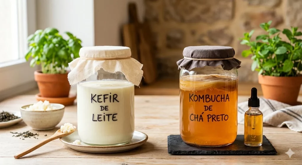 Kefir ou Kombucha? : Qual o melhor Probiótico Natural para o seu Intestino em 2026 Um grande vidro com kefir de leite e outro com kombucha de chá preto posicionados lado a lado em cima de bancada de madeira rústica com plantas de fundo no ambiente.