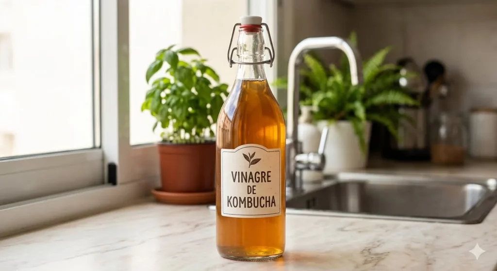 Garrafa de vidro transparente com vinagre de kombucha âmbar sobre bancada de mármore de uma cozinha iluminada com pia, torneira e plantas ao fundo.