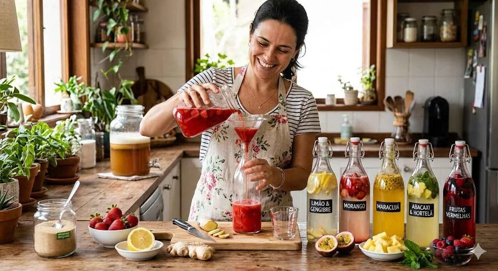 Kefir de Água: 5 Receitas de Refrigerante Frisante Mulher sorridente envasa kefir de morango em garrafa de vidro. Na mesa rústica, há frutas frescas e 5 garrafas com rótulos dos sabores: limão, morango, maracujá, abacaxi e frutas vermelhas.