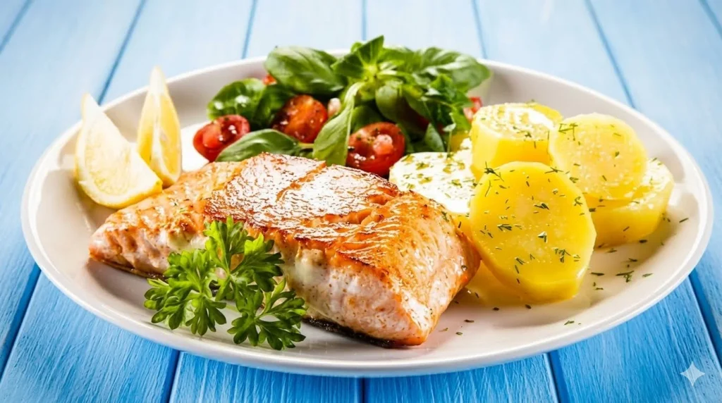 Dieta Dukan: Feito um prato com Filé de salmão grelhado e dourado em prato branco com batatas cozidas salpicadas de ervas, salada de tomate com folhas verdes e fatias de limão.
