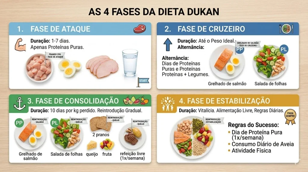 Infográfico horizontal dividido em quatro quadrantes coloridos detalhando as fases da Dieta Dukan: Ataque com carnes e ovos, Cruzeiro com vegetais, Consolidação com pão e queijo, e Estabilização com as regras diárias do sucesso.