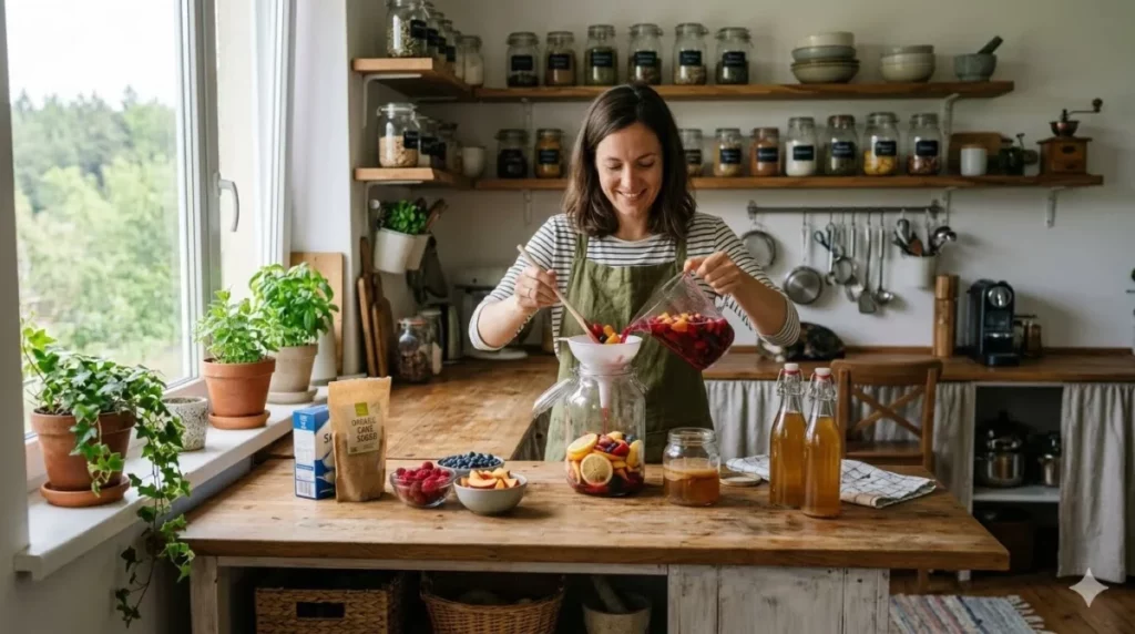 Kefir de Água: 5 Receitas de Refrigerante Frisante Mulher sorrindo na cozinha despeja líquido vermelho de frutas com funil em um grande pote de vidro. Frutas, açúcar e garrafas de fermentação estão sobre a bancada.