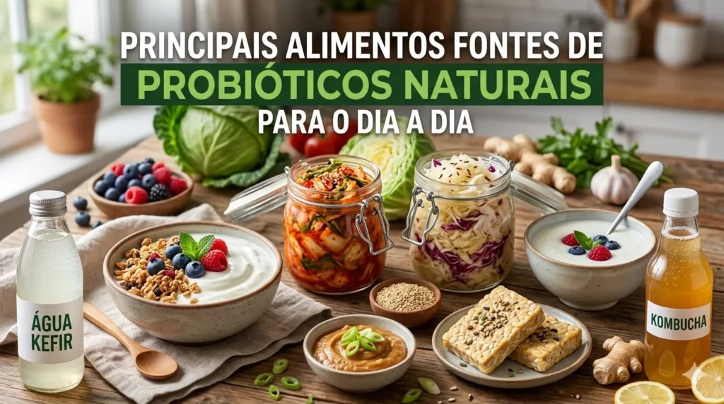 Probióticos: O Guia Completo Como Escolher e Consumir para a Saúde Intestinal em 2026 Bancada de cozinha iluminada com alimentos probióticos naturais como uma garrafa de kombucha, potes de iogurte caseiro, chucrute, picles e vegetais fermentados.
