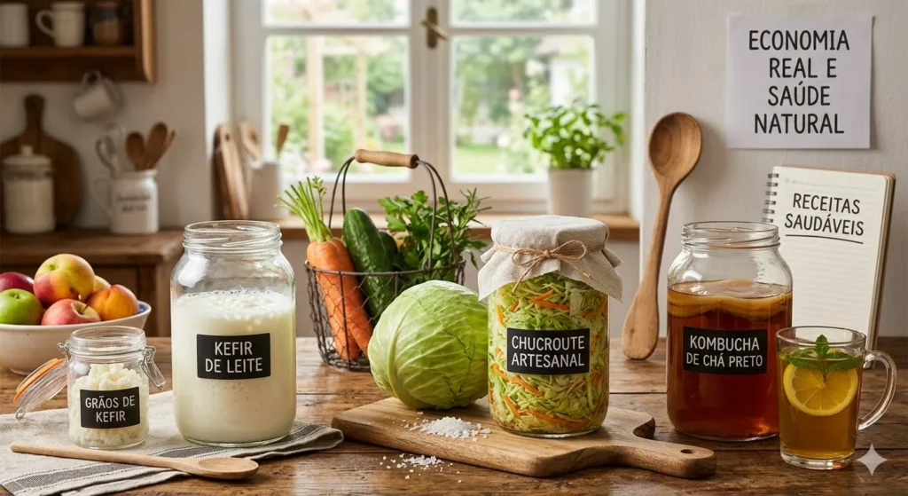 Potes de vidro com kefir de leite, grãos de kefir, chucrute artesanal e kombucha dispostos em uma mesa de madeira ao lado de um repolho e vegetais frescos.