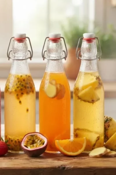 Foto horizontal de 5 garrafas de vidro com kefir de água de frutas e ervas sobre mesa rústica. No lado direito, o texto "Kefir de Água: 5 Receitas de Refrigerante Frisante".