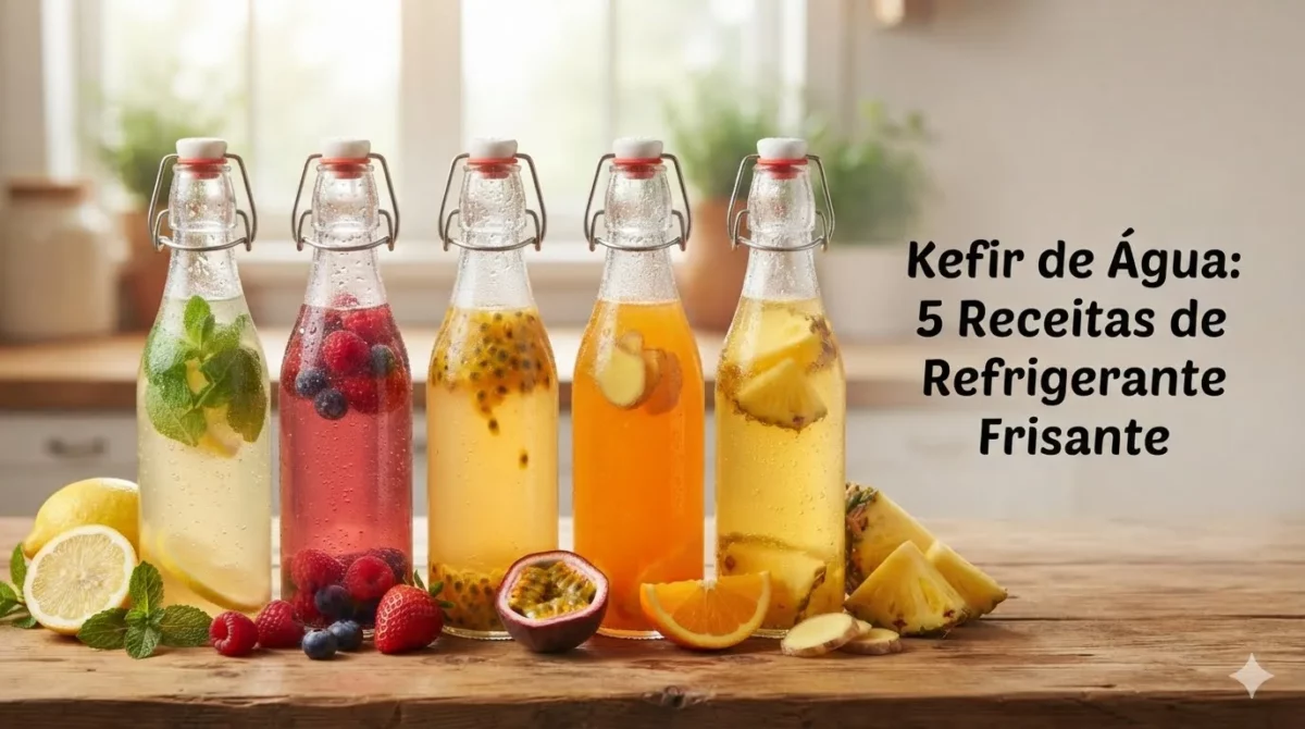 Kefir de Água: 5 Receitas de Refrigerante Frisante Foto horizontal de 5 garrafas de vidro com kefir de água de frutas e ervas sobre mesa rústica. No lado direito, o texto "Kefir de Água: 5 Receitas de Refrigerante Frisante".