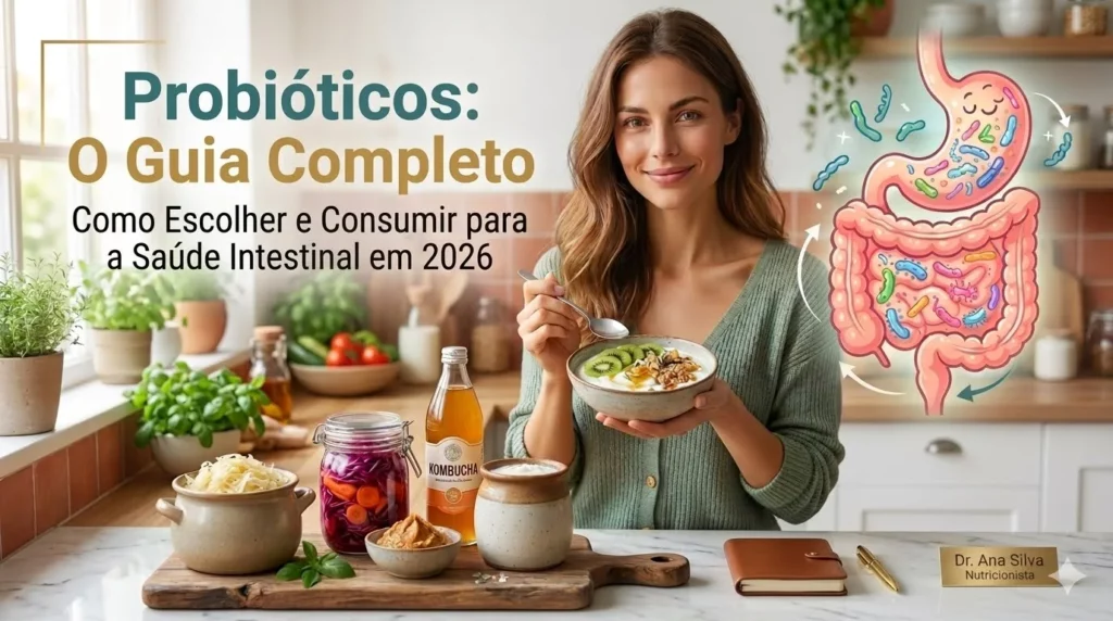 Probióticos: O Guia Completo Como Escolher e Consumir para a Saúde Intestinal em 2026 Mulher sorrindo segura tigela com iogurte e kiwi na cozinha ao lado de alimentos probióticos, garrafa de kombucha e uma ilustração didática do intestino.