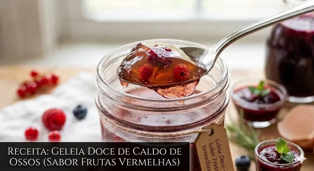 Colher de prata tira porção gelatinosa de geleia de caldo de ossos com frutas vermelhas. Na base, faixa escura com o texto "Receita: Geleia Doce de Caldo de Ossos (Sabor Frutas Vermelhas)".