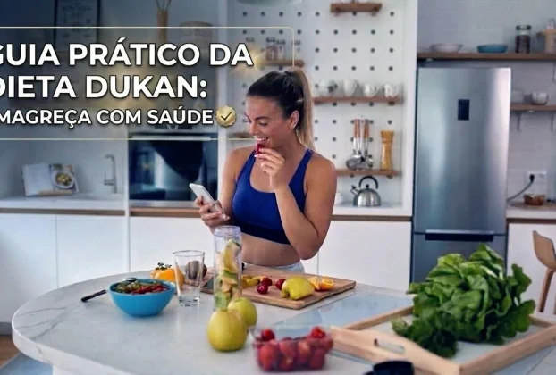 Mulher sorrindo na cozinha limpa com frutas na bancada.