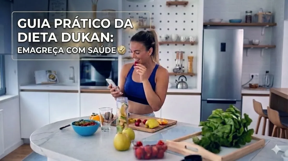 Mulher sorrindo na cozinha limpa com frutas na bancada.