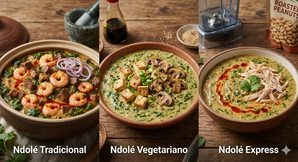 Três tigelas de barro alinhadas lado a lado em uma mesa de madeira. A primeira contém Ndolé Tradicional com camarões e cebola roxa; a segunda, Ndolé Vegetariano com cubos de tofu e cogumelos fatiados; a terceira, Ndolé Express com frango desfiado.