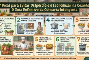 Infográfico "7 Dicas para Evitar Desperdício e Economizar na Cozinha: O Guia Definitivo da Culinária Inteligente" em tom fotorrealista. Apresenta 7 blocos ilustrados com recomendações práticas para economizar alimentos e utilizar melhor a cozinha.