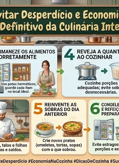 Infográfico "7 Dicas para Evitar Desperdício e Economizar na Cozinha: O Guia Definitivo da Culinária Inteligente" em tom fotorrealista. Apresenta 7 blocos ilustrados com recomendações práticas para economizar alimentos e utilizar melhor a cozinha.