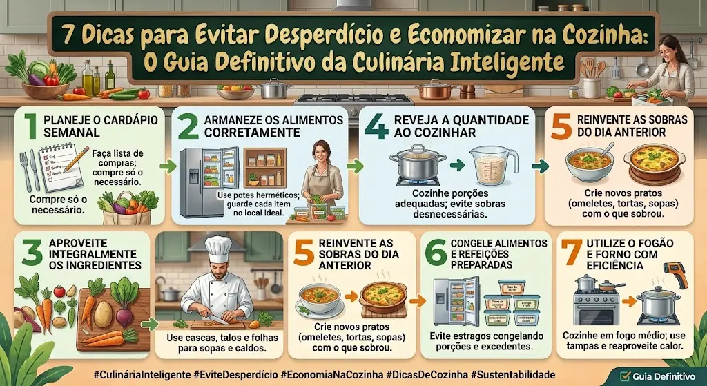Infográfico "7 Dicas para Evitar Desperdício e Economizar na Cozinha: O Guia Definitivo da Culinária Inteligente" em tom fotorrealista. Apresenta 7 blocos ilustrados com recomendações práticas para economizar alimentos e utilizar melhor a cozinha.