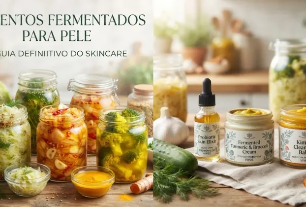 Guia completo de alimentos fermentados para pele, exibindo potes de vidro com vegetais em conserva, kimchi e séruns probióticos naturais sobre uma mesa de madeira.